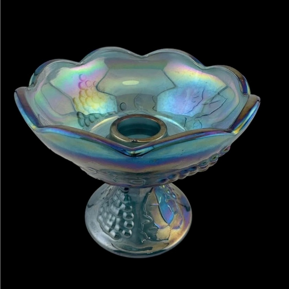Indiana Carnival Glass Iridescent  Harvest Blue Candle Holder